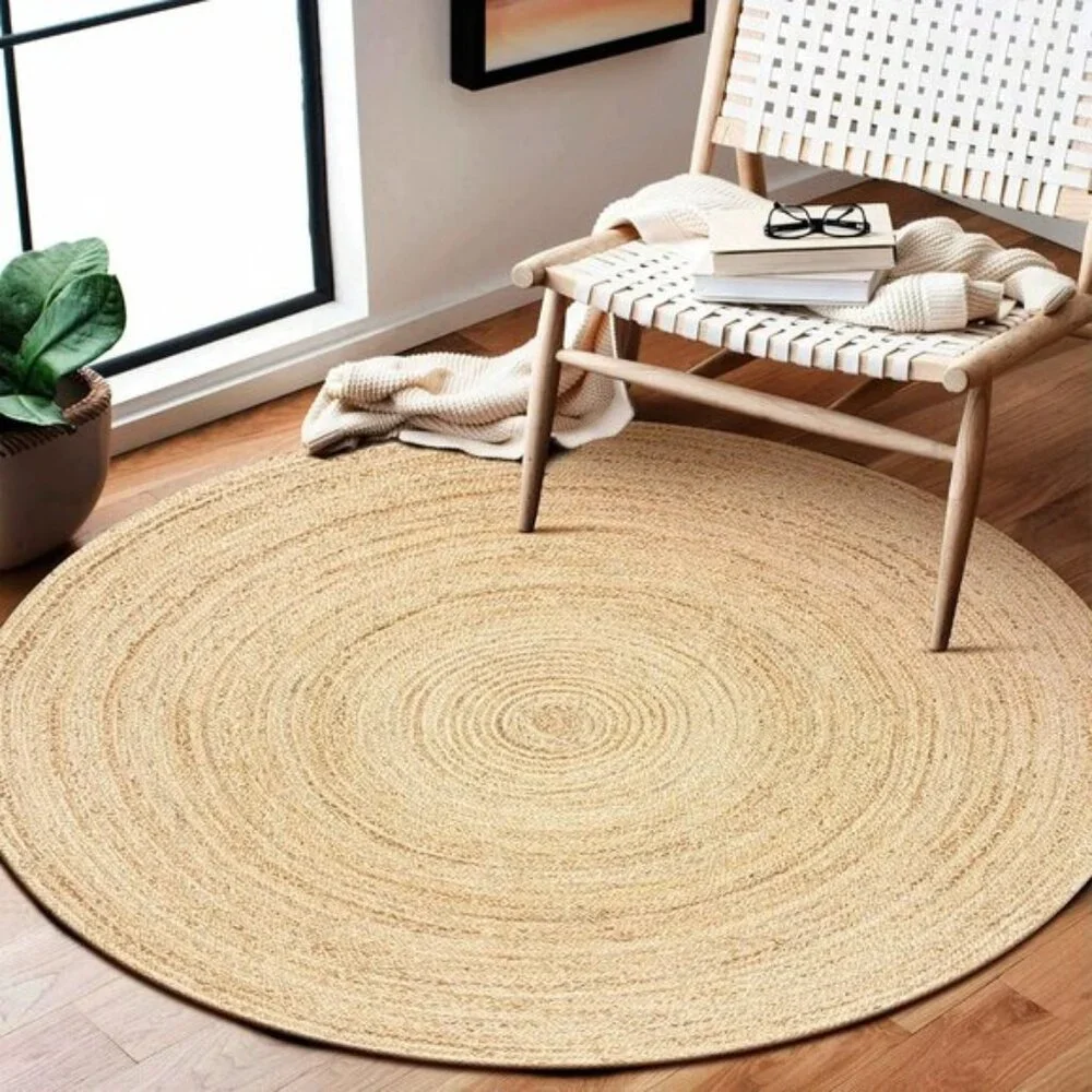 New 5ft Round Jute Braided Rug, Hand-Woven Natural Reversible Carpet for Home